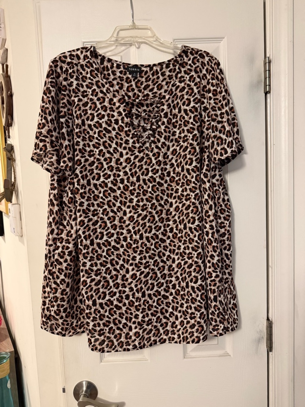 torrid Leopard-Print Short Sleeve Lace-Up Top — Brown/Black/Cream